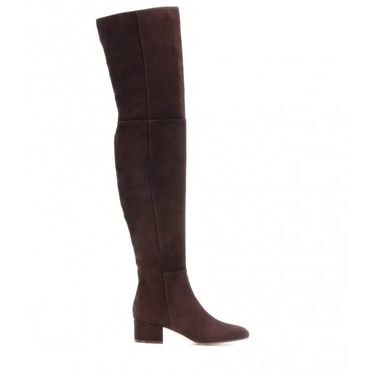 Grey suede women's over the knee flat boots with a pointed toe and thick low heel.