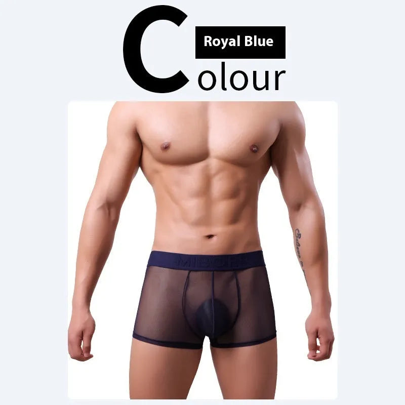 Men's thin invisible boxers in quick-drying polyester fabric, shown in multiple colour options.