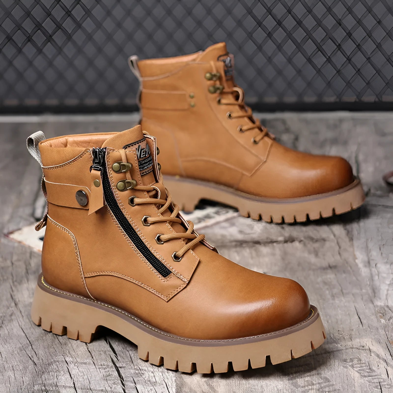 Men's brown leather high-top boots with velvet trim and side zipper closure