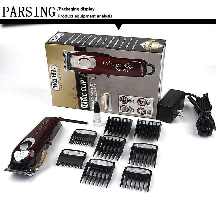 Hair clippers set with stainless steel cutter head showing EU UK US plug compatibility for adult and child use