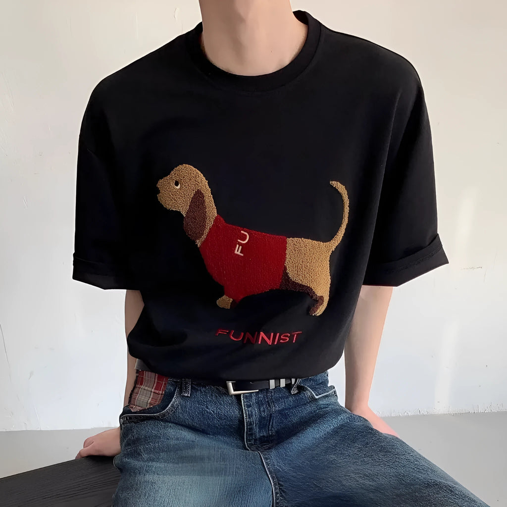 Men's grey cotton T-shirt with an embroidered sausage dog design on the front.