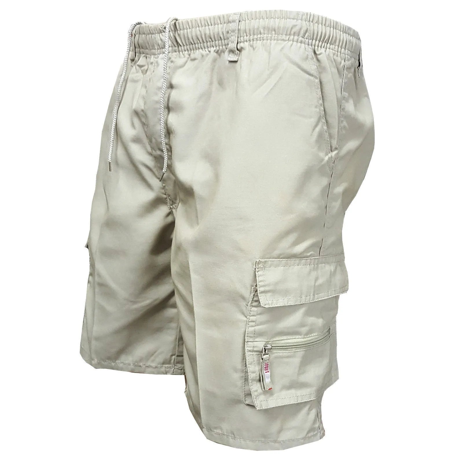 Men's khaki-coloured loose-fit cotton casual shorts with a drawstring waist and multiple pockets.