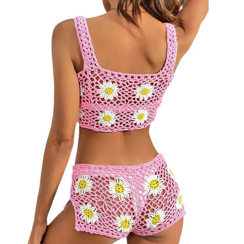 Light green flower pattern vest bikini swimsuit made from hollow yarn fabric