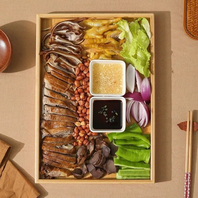 Square bamboo serving tray with brown handle for barbecue shops and catering