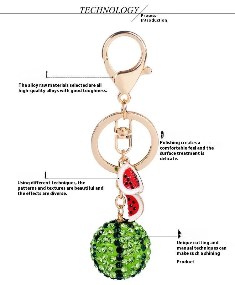 Green watermelon-shaped zinc alloy keychain measuring 12cm with fruit diamond design