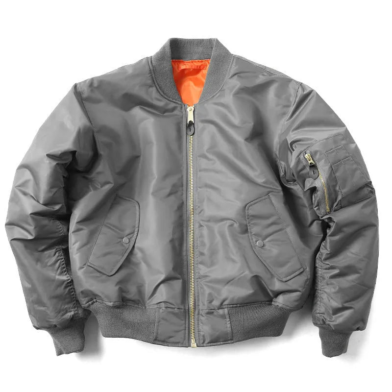 Men's olive green loose-fit cotton-padded pilot jacket with a zip front and workwear styling.
