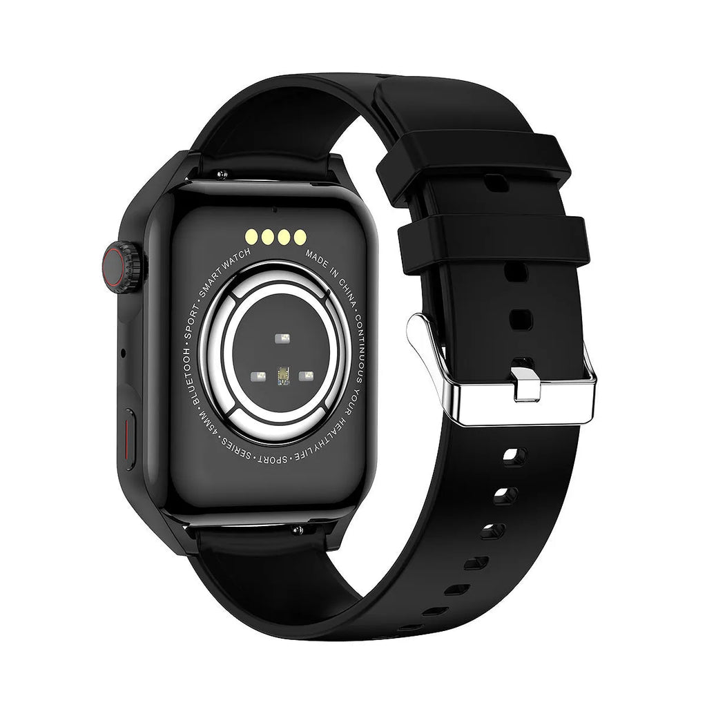 Black HD AMOLED smart watch with NFC on a silicone wrist strap, showing a multi-dial screen.