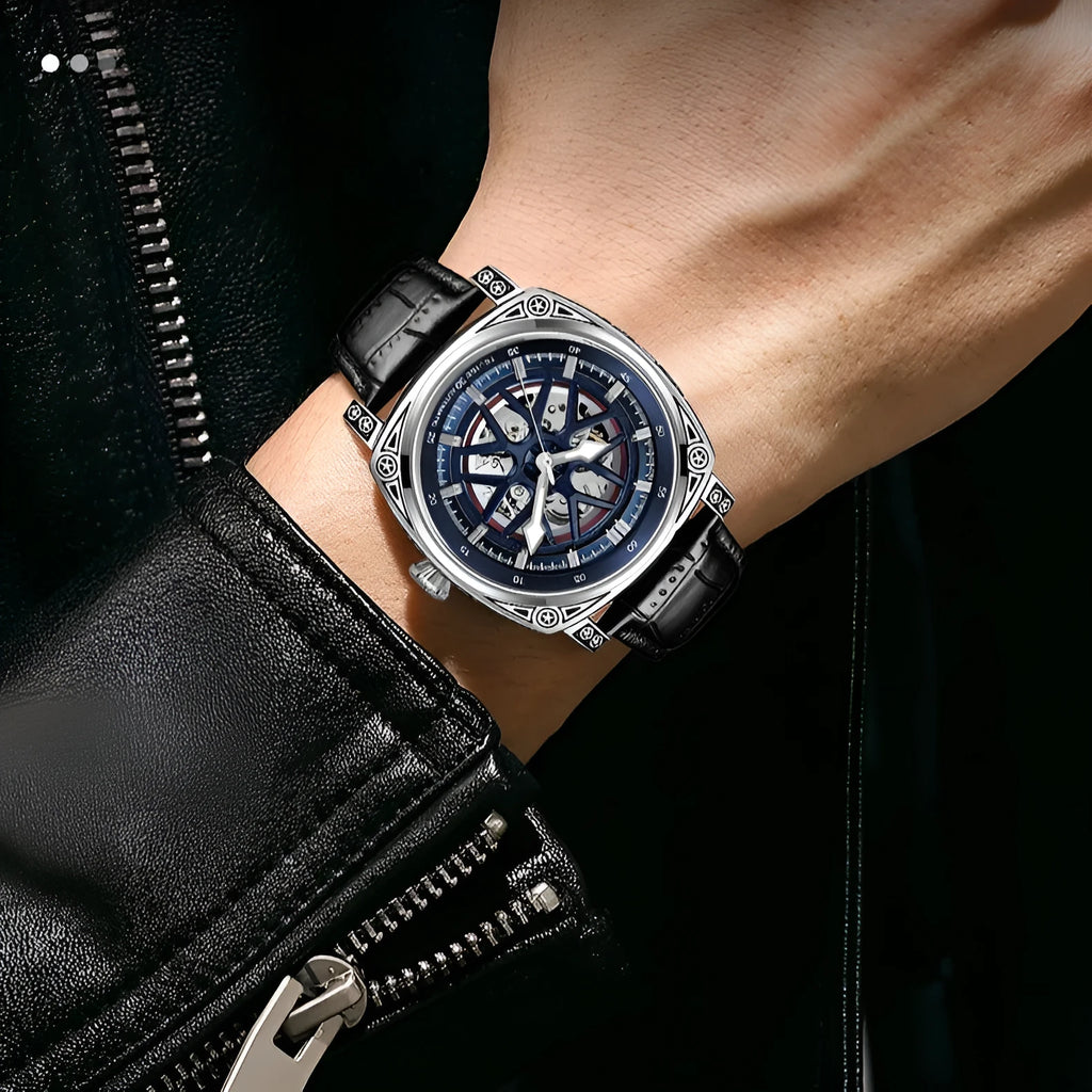 Automatic mechanical men's watch with stainless steel case and leather strap in multiple colour options