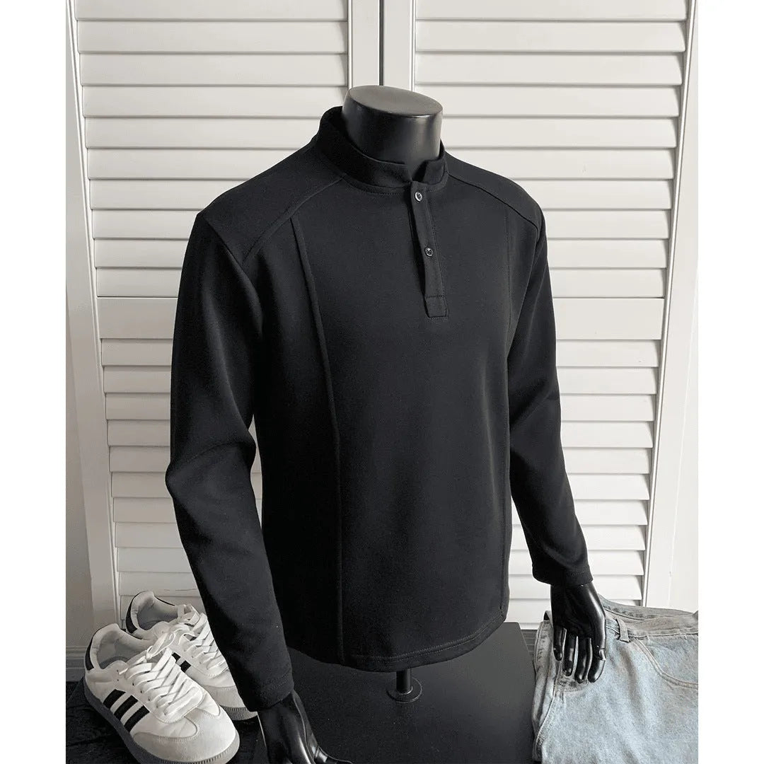 Men's patchwork shoulder polo shirt with stand-up collar in cotton fabric