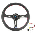 Leather 14-inch car steering wheel with a middle concave design, showing black and silver skeleton frame options.