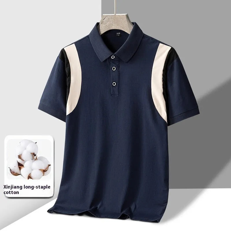 Men's striped cotton T-shirt with business lapel collar and short sleeves