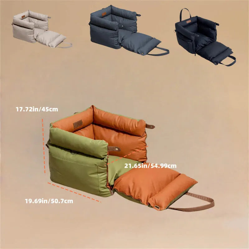 Green waterproof dog car nest with removable cover, shown on a car seat, dimensions 55cm by 50cm.