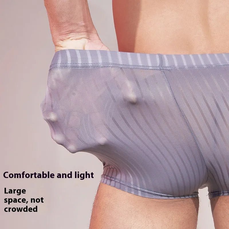 Men's striped thin transparent nylon underwear in black, white and dark grey colours