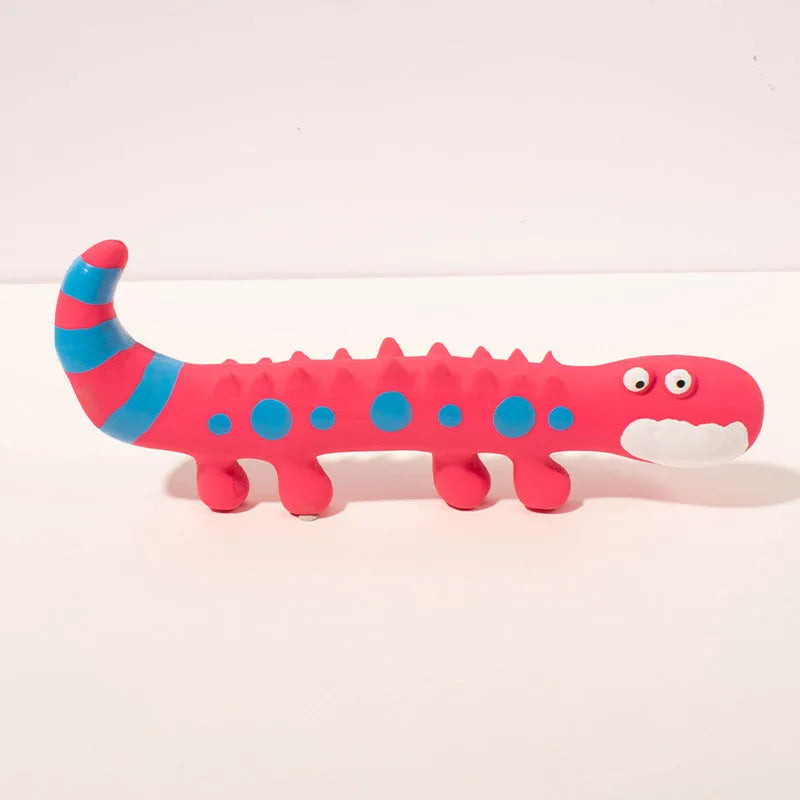 Green cartoon lizard-shaped latex dog chew toy with squeaker for aggressive chewers.