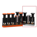 Grey and orange silicone finger trainer for hand muscle development.