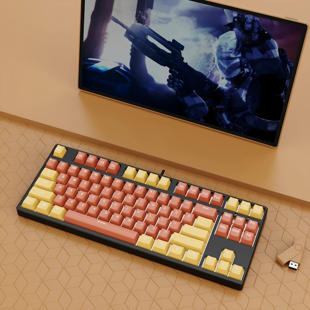 87-key mechanical keyboard with colourful keycaps on a metal base, showing hot-swappable switches