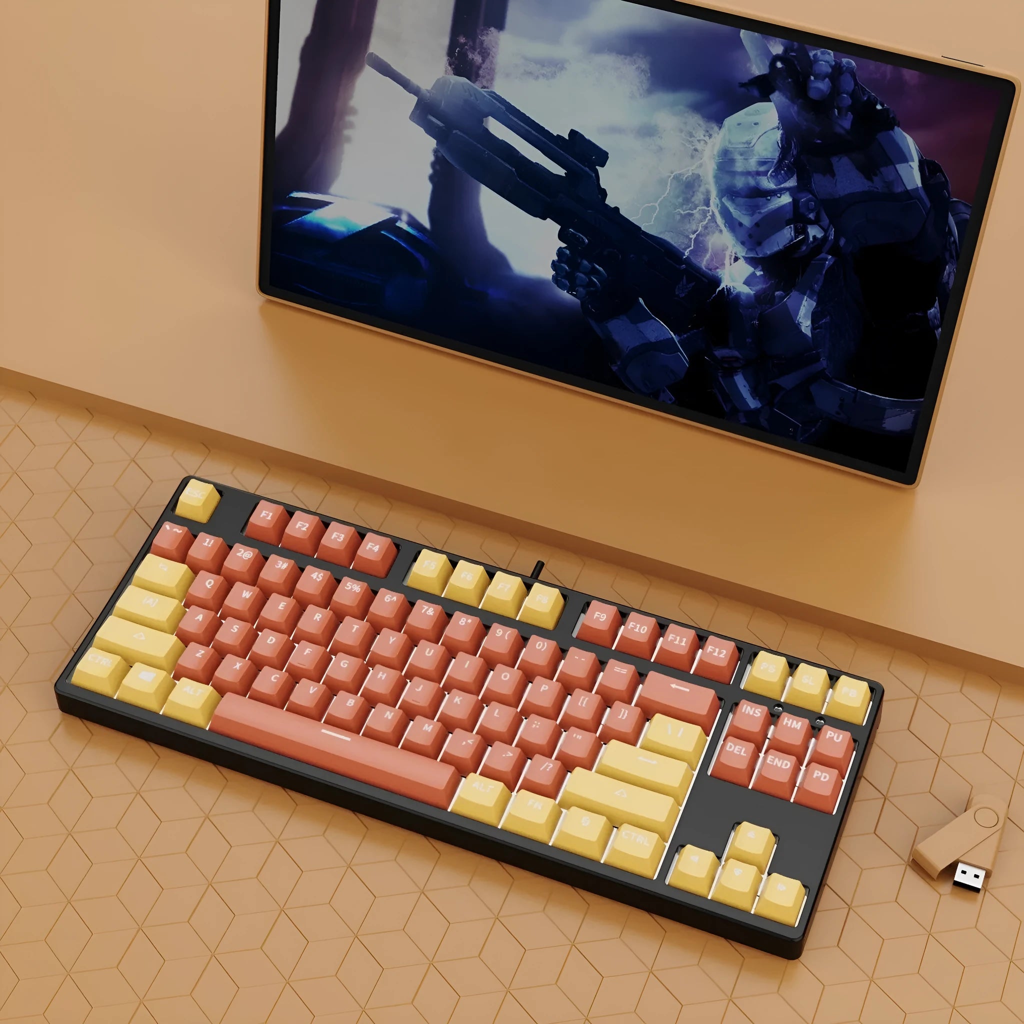 87-key mechanical keyboard with colourful keycaps on a metal base, showing hot-swappable switches