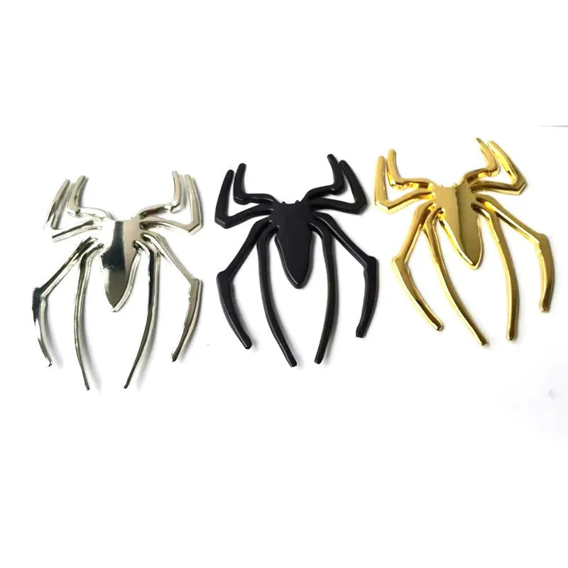 Zinc alloy 3D metal spider car sticker in gold, silver, black, and red colours.