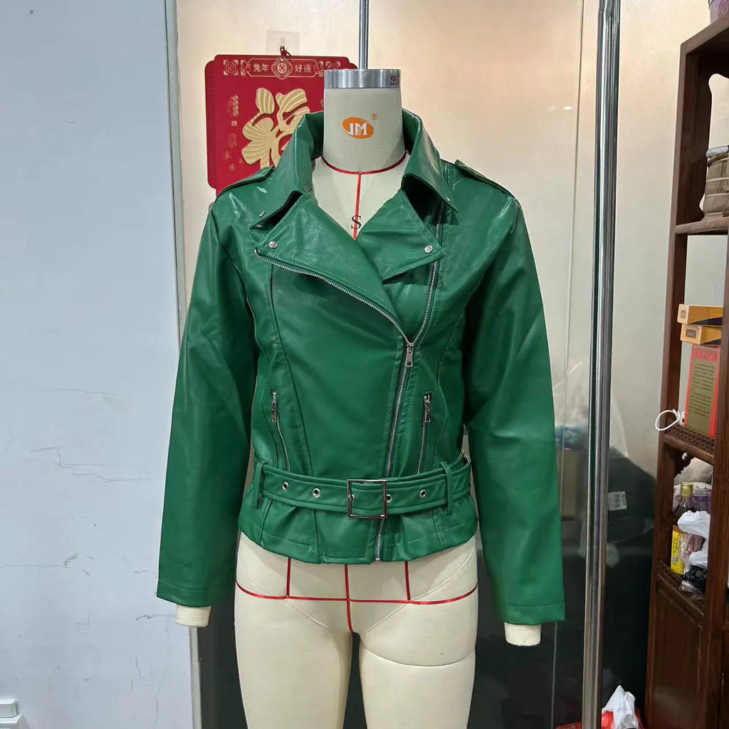 Punk style leather jacket in polyester fabric with locomotive design and Peter Pan collar