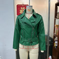 Punk style leather jacket in polyester fabric with locomotive design and Peter Pan collar