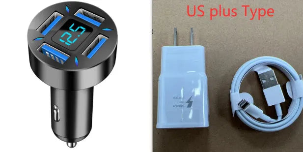 Four-port USB car charger with QC3.0 fast charging and LED voltage display for vehicles.