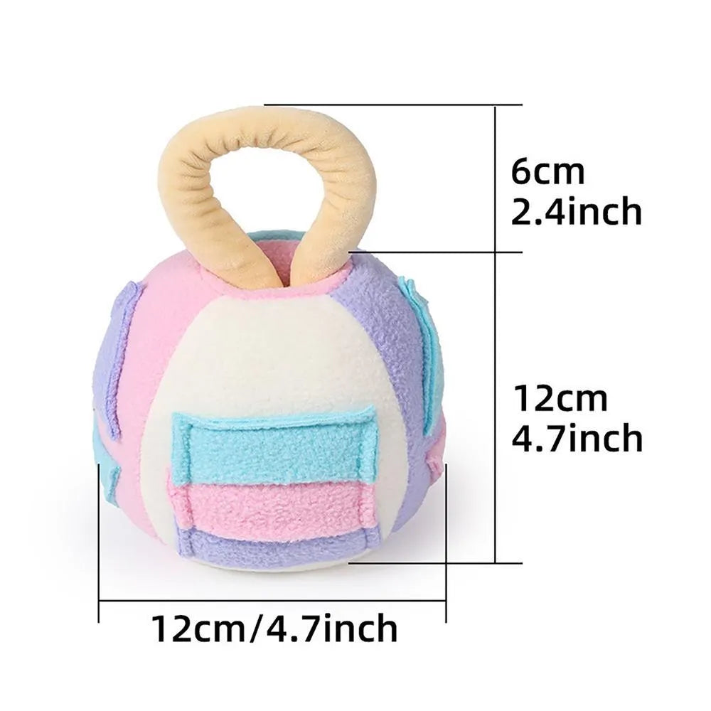 Green and pink dog plush ball toy with treat pockets and squeaker for small medium breeds