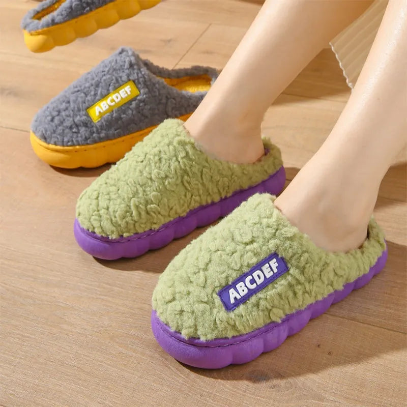 New Letter indoor non-slip thick-soled fur slippers in beige, plush upper, round toe, PVC sole, flat heel