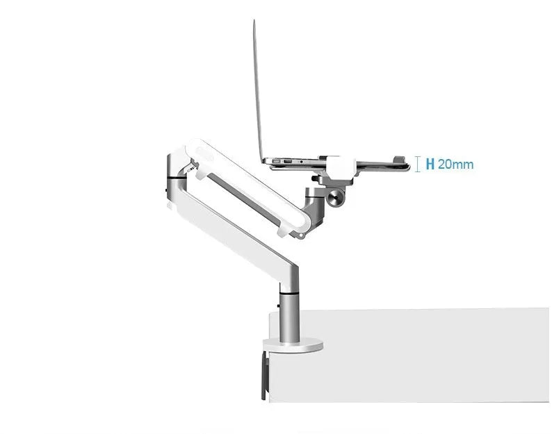 Silver aluminium laptop stand with adjustable air pressure arm on wooden desk
