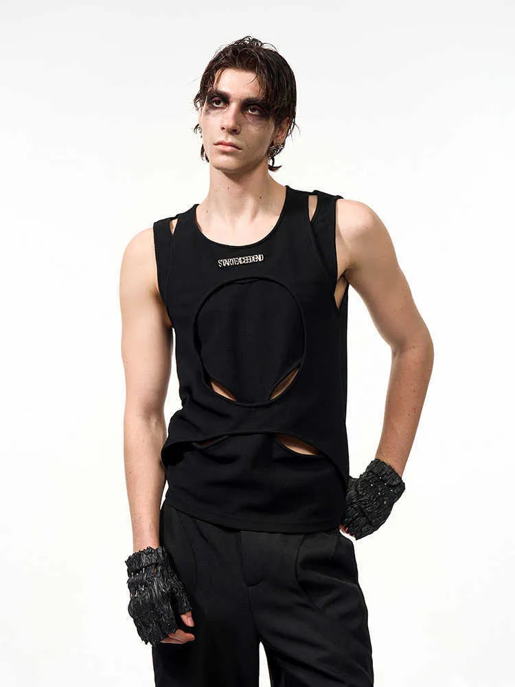 Man's loose fit sleeveless waistcoat in white hollow thread fabric, showing round neck and pullover design.