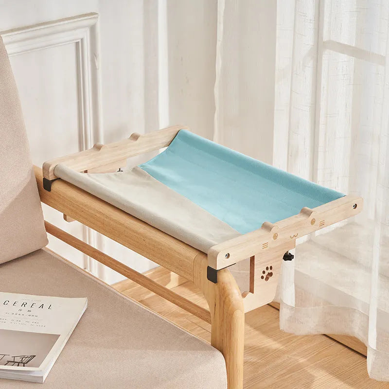Wooden cat hanging bed mounted to window with seven style variations for balcony or bedside use