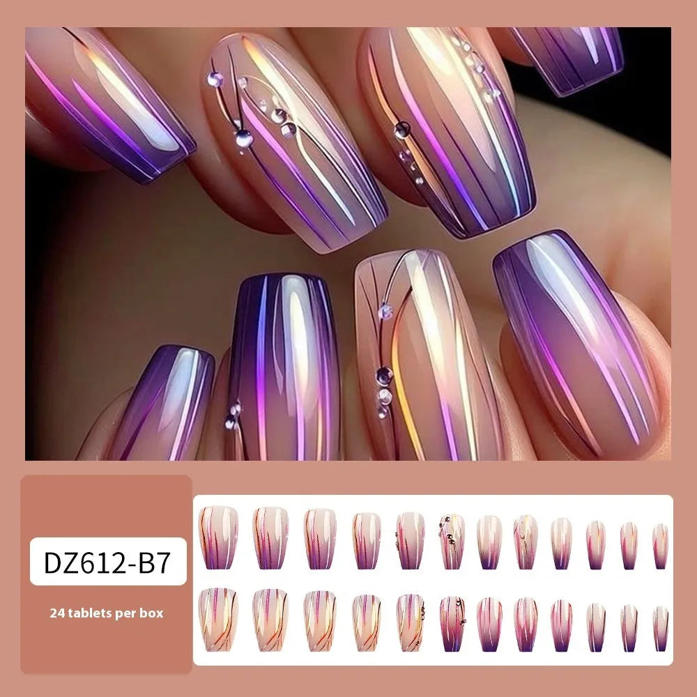 Pack of 24 magic purple gradient nail stickers with starry sky pattern and bottle of jelly glue