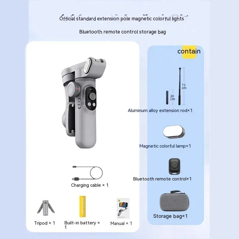 Silver grey smartphone gimbal stabiliser with extended arms and Bluetooth remote control on a table.