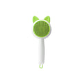Self-cleaning pet grooming brush with stainless steel bristles and TPR massage tips in greenish white colour