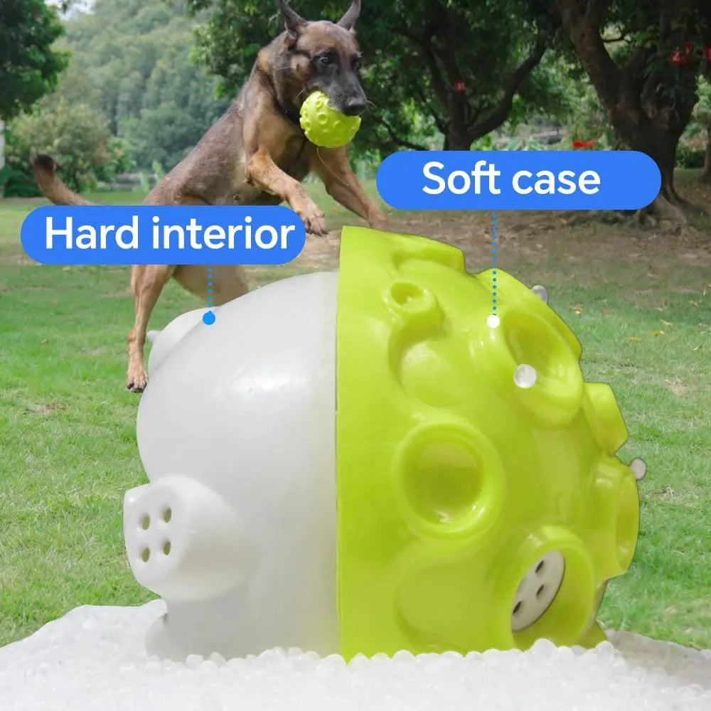 Durable dog chew ball with meteorite-shaped bumps in blue colour