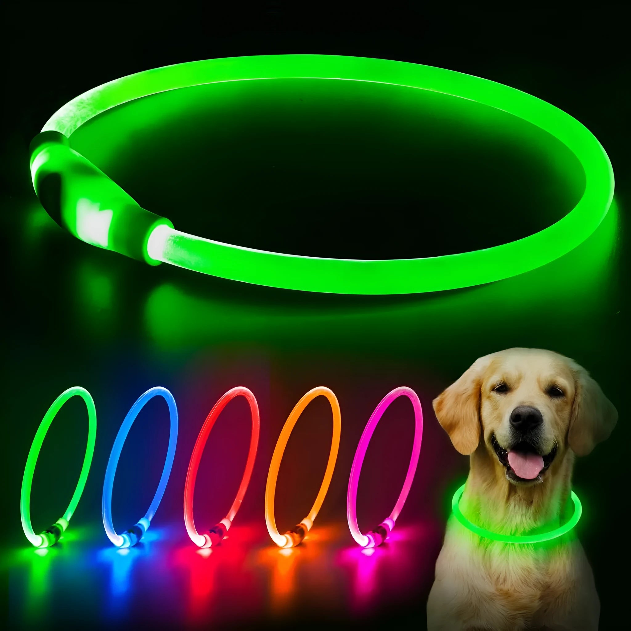 Blue LED dog collar glowing with adjustable TPU band and USB charging port visible