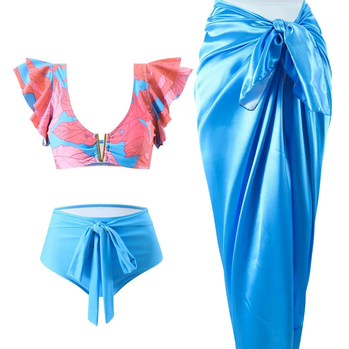 Women's colour-matched three-piece bikini set with skirt, blue, split design, polyester lining, size S to XL