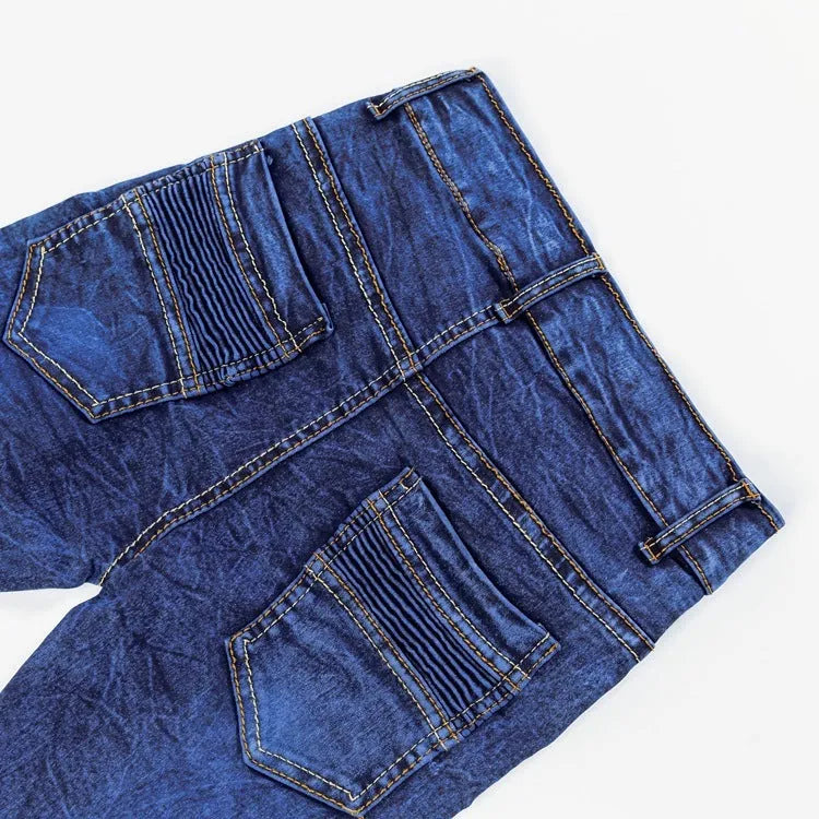 Boys' blue flat stretch slim long jeans on a child model