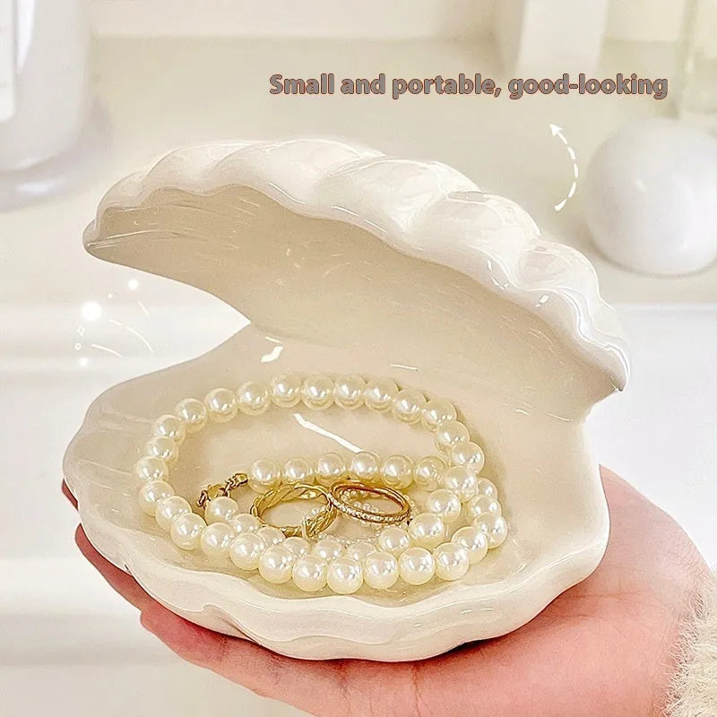 White porcelain decorative tray with integrated small night lamp, pink shell option available.