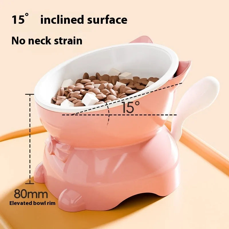 Stainless steel slanted cat bowl with non-slip base in black, blue, pink, and yellow colour options.