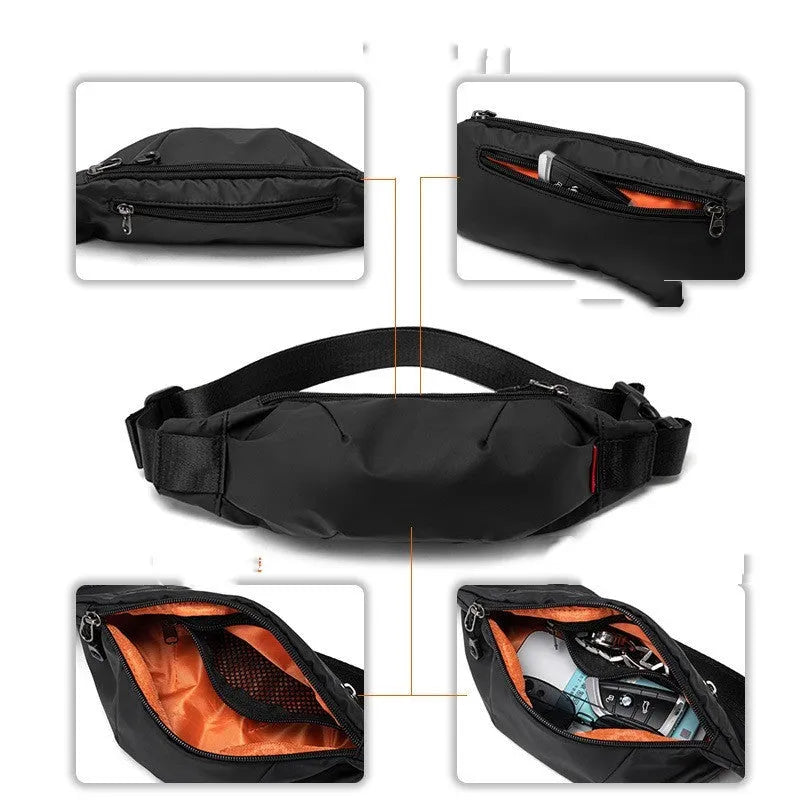 Black men's Oxford cloth crossbody waist pack showing front view and internal phone pocket.