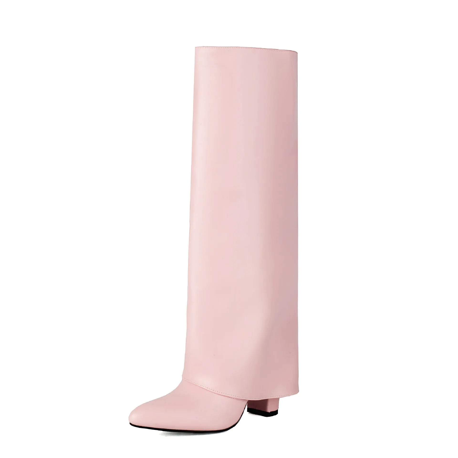 Women's plus size thick high heel ankle boots in black, white, or pink artificial PU with sewing line details.