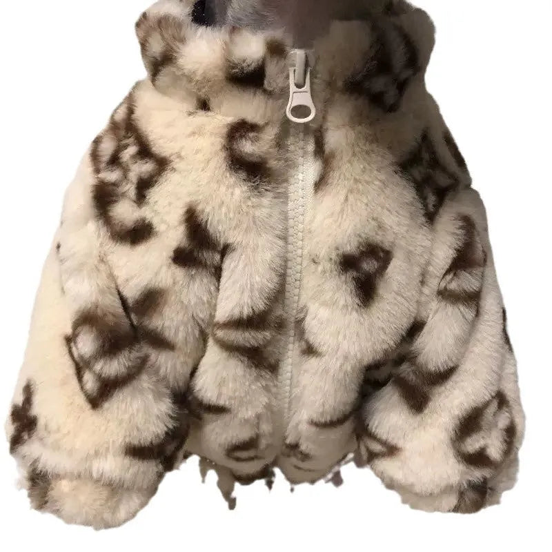 Dog wearing autumn winter polyester smoked fur coat in LV presbyopic fur colour, British style, available in sizes XS-XL