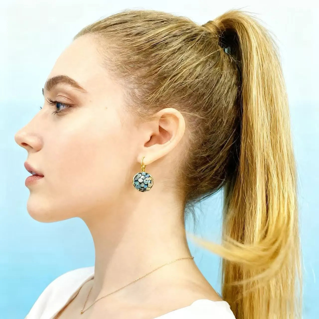 Handmade mother-of-pearl earrings for women with Chinese character Fu, Chanel style, snail ear clip