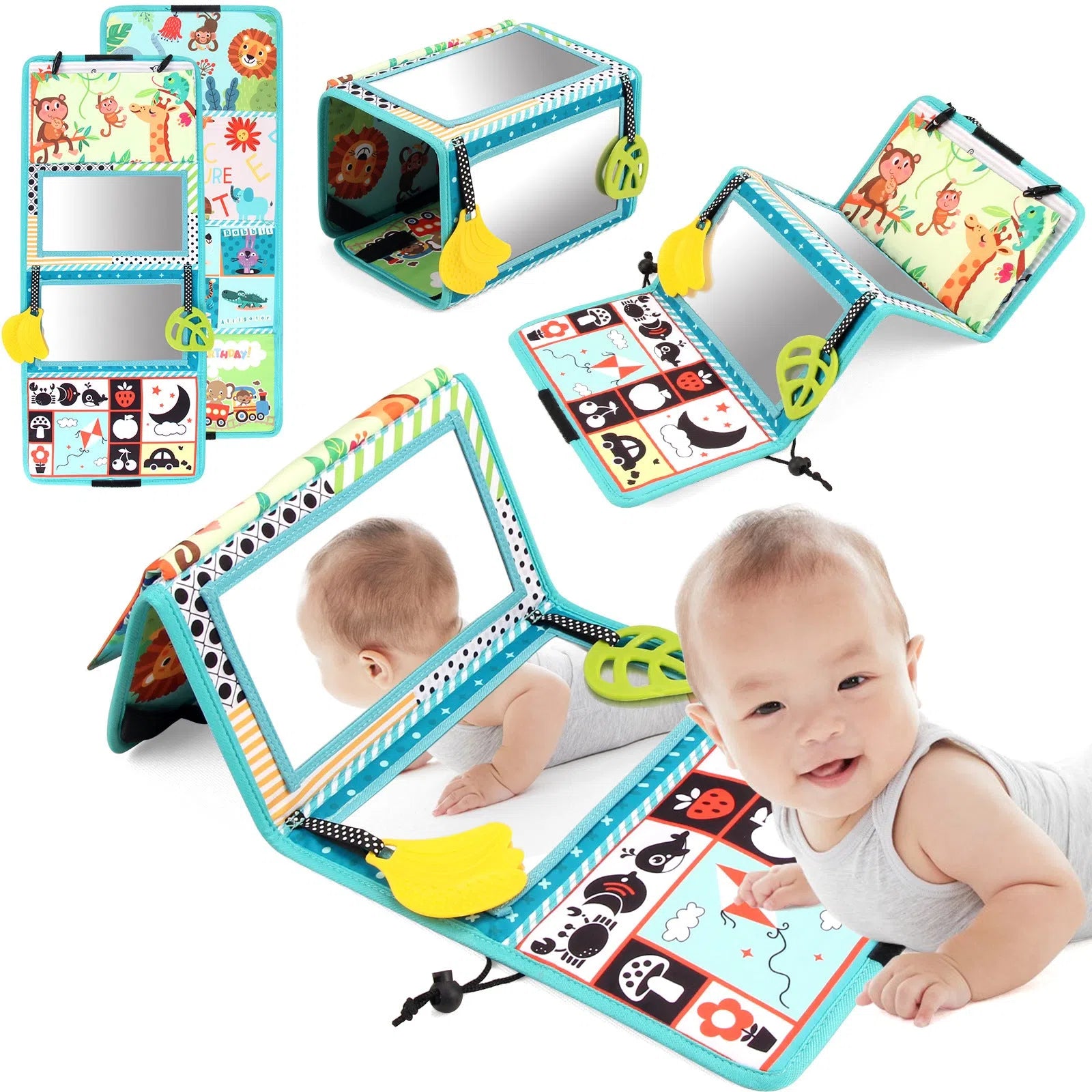 Four folding baby mirror cloth book with mirror pendant for infant sensory development 0-3 years
