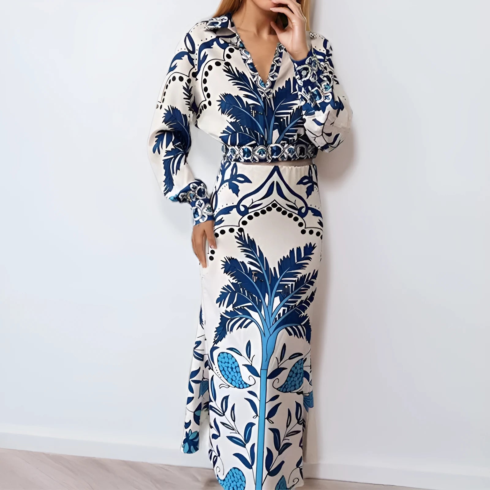 Women's early spring casual outfit set with long sleeve top and long skirt in picture colour.