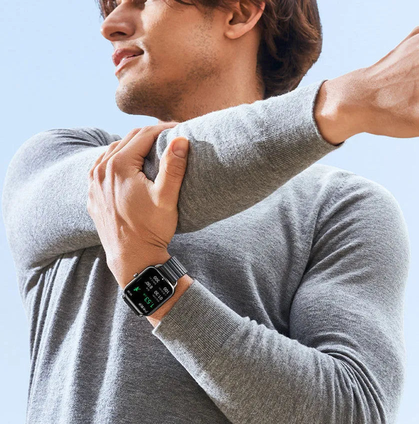 HAYLOU RS4 Plus smartwatch in black on wrist, showing AMOLED display with fitness stats.
