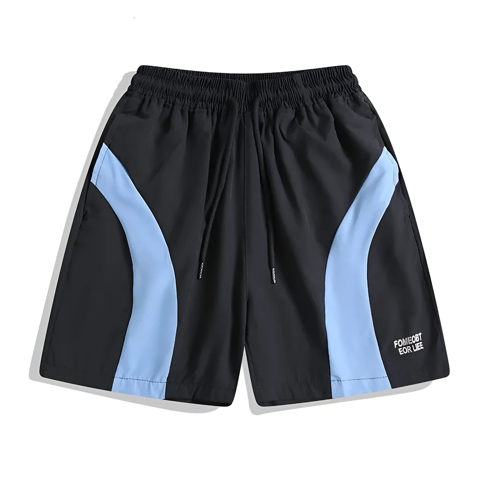 Man wearing loose-fit black quick-dry sports shorts with an elastic waistband.