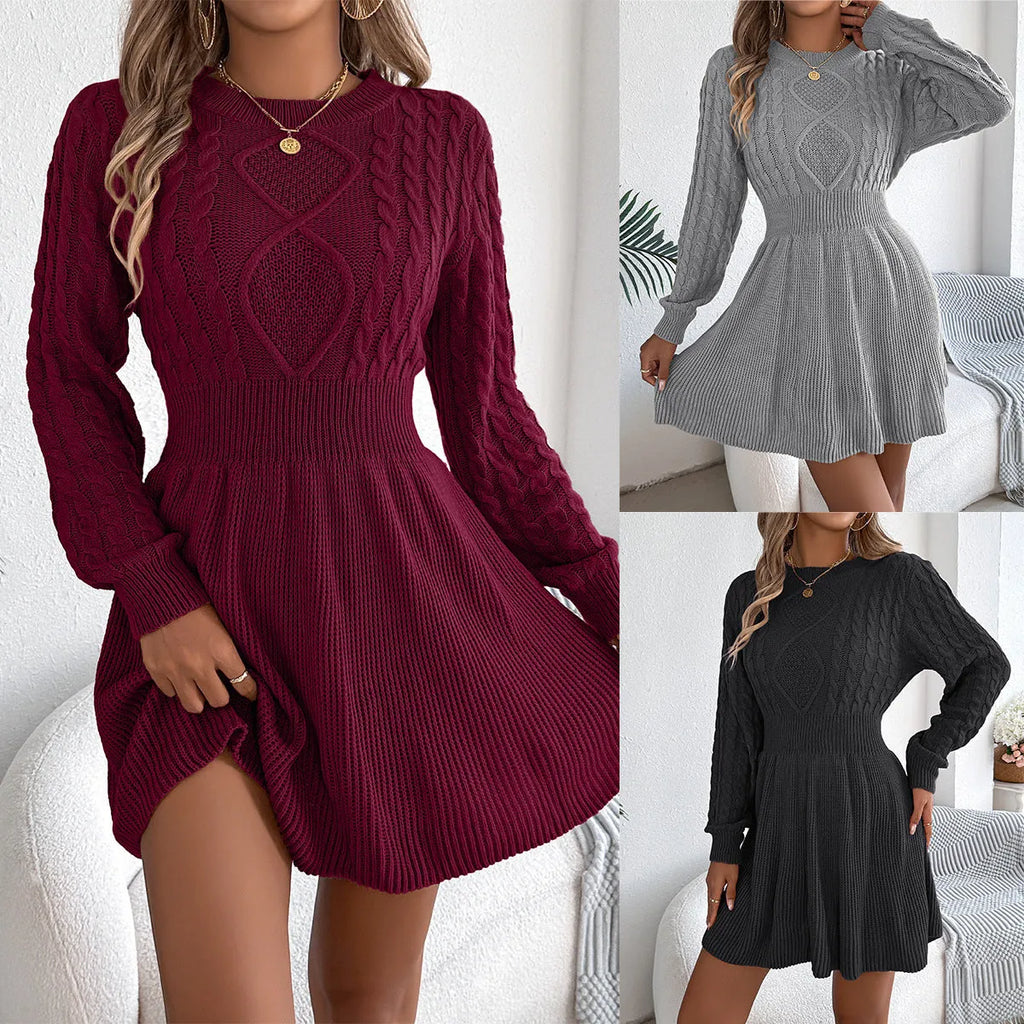 Women's solid colour acrylic sweater dress with lantern sleeves and elasticated waist.