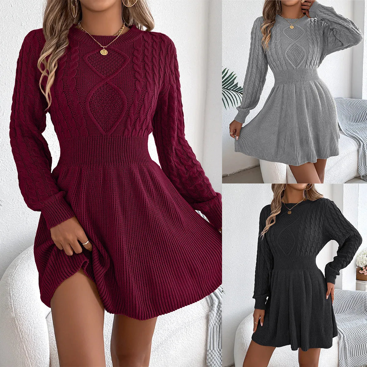 Women's solid colour acrylic sweater dress with lantern sleeves and elasticated waist.