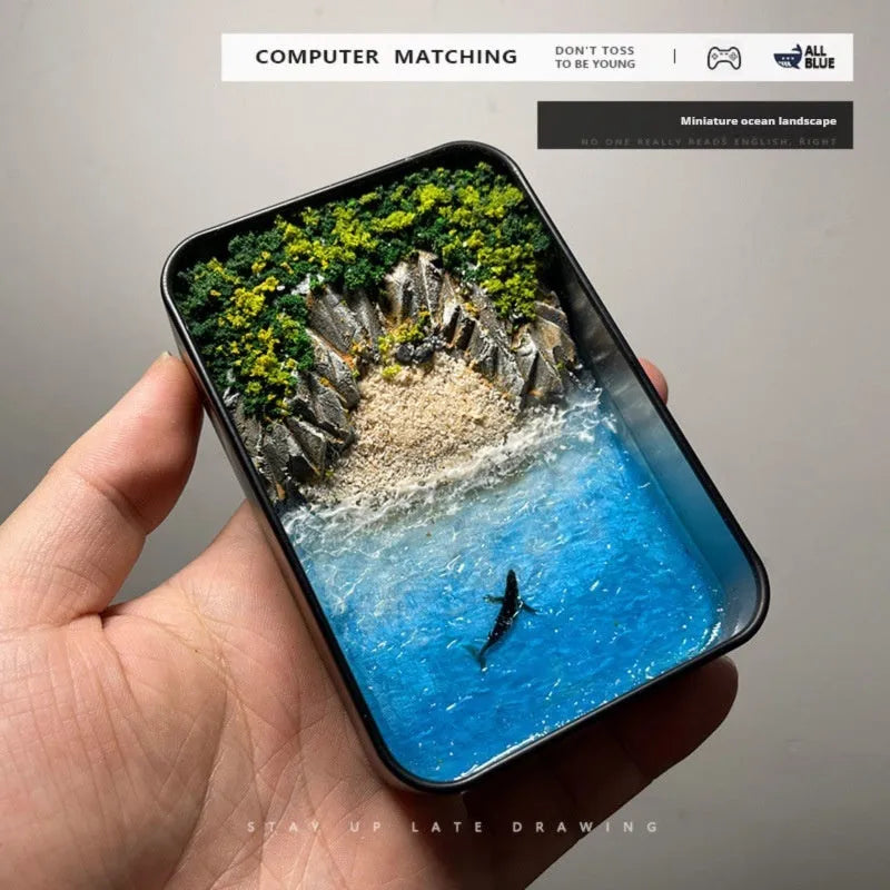 Handmade DIY marine landscape bamboo ornament with peninsula iron box design for aquarium decoration
